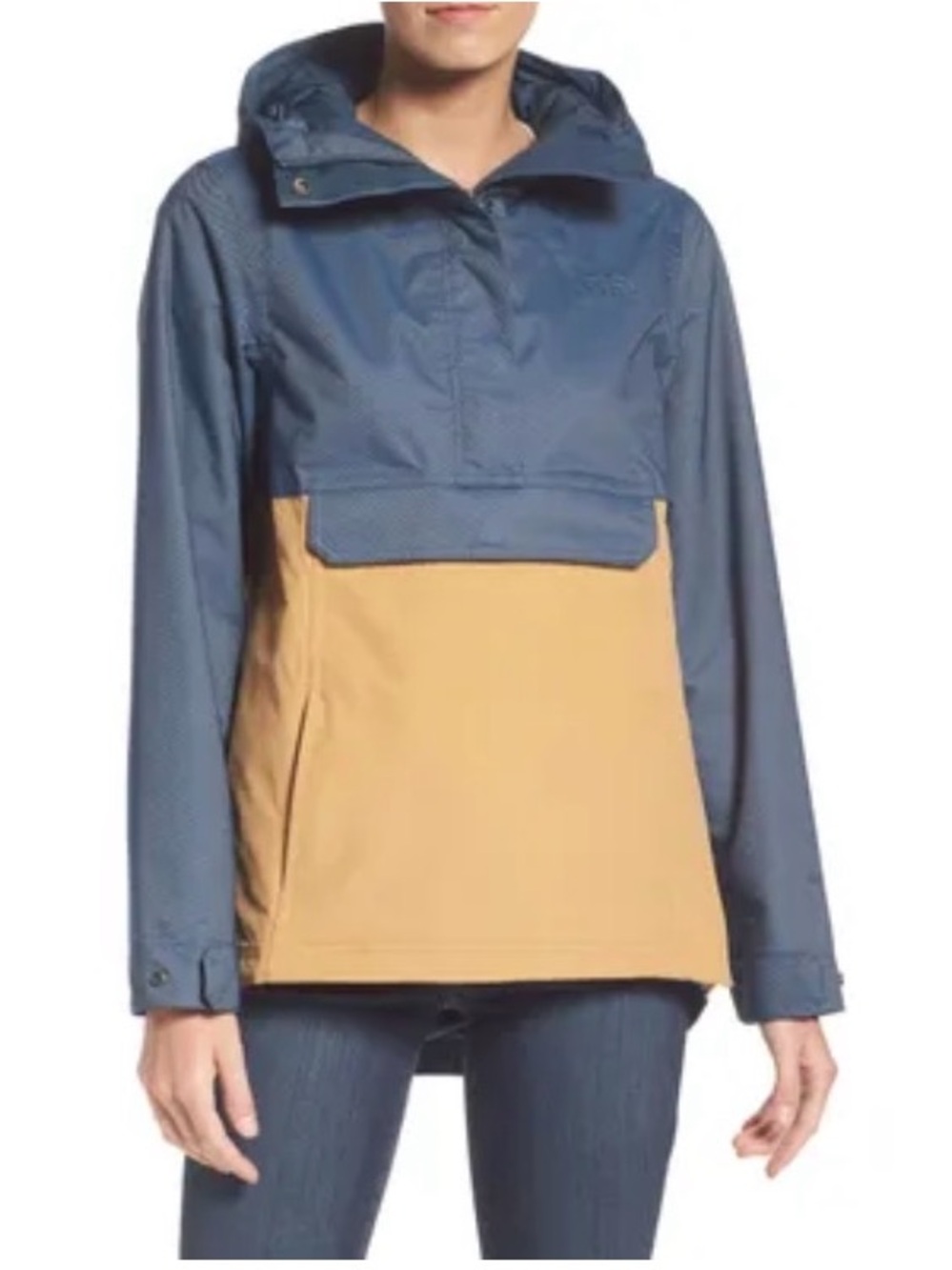 Two-Tone Blue and Tan Hooded Anorak Jacket